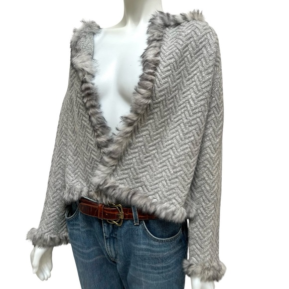 Penny Lane Fur Trim Wool Angora Cable Knit Women Cardigan Sweater Cottage Core - Picture 16 of 16